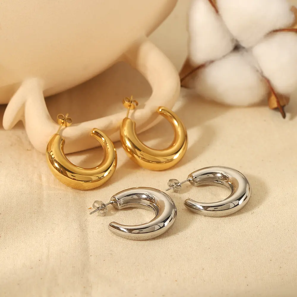 1 paire de boucles d'oreilles à tige en acier inoxydable plaqué or 18 carats pour femme, style classique minimaliste, couleur unie, brillant, modèle C h5 Image2